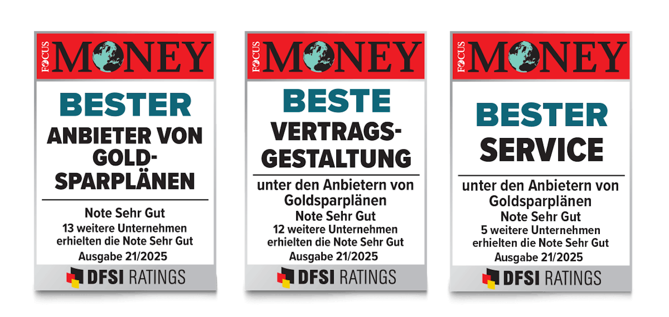 Focus Money Auszeichnung für Bester Anbieter von Goldsparplänen, bester Service und bester Preis mit der Note Sehr Gut. Ausgabe 21/2025, für Golden Gates.