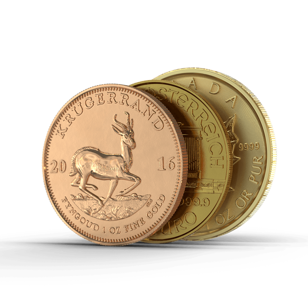 Drei hintereinander aufgereihte Goldmünzen (Krügerrand, Wiener Philharmoniker, Maple Leaf,). Mit den Golden Gates Sparplänen können auch Sie Ihr Geld richtig anlegen und Edelmetalle ansparen.