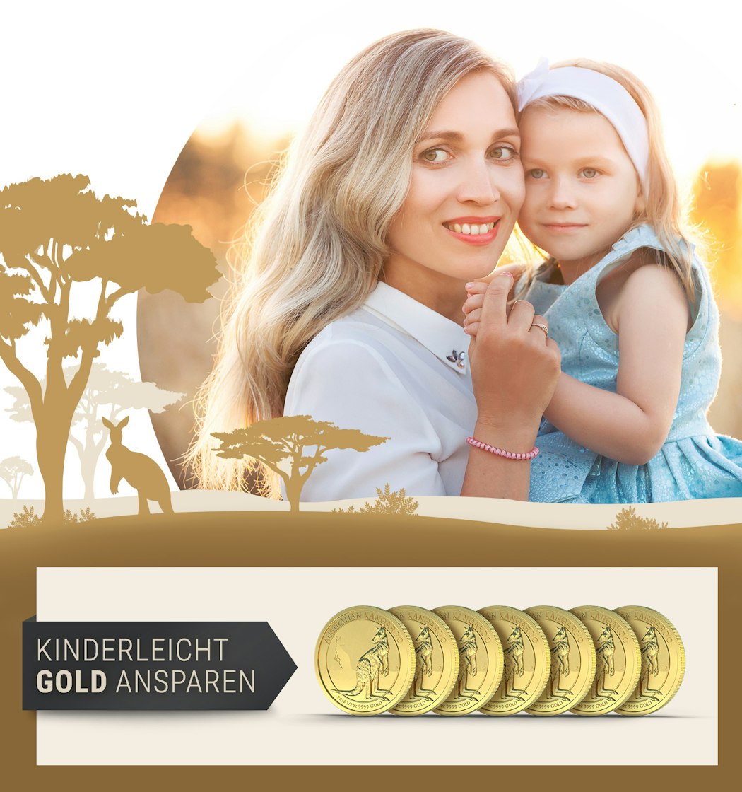 Eine junge Mutter, die ihr Kind im Arm hält. Darunter steht, neben aufgereihten Kangaroo Goldmünzen, Kinderleicht Gold ansparen. Sparen auch Sie, mit dem Kindersparplan von Golden Gates, für die Zukunft Ihres Kindes.